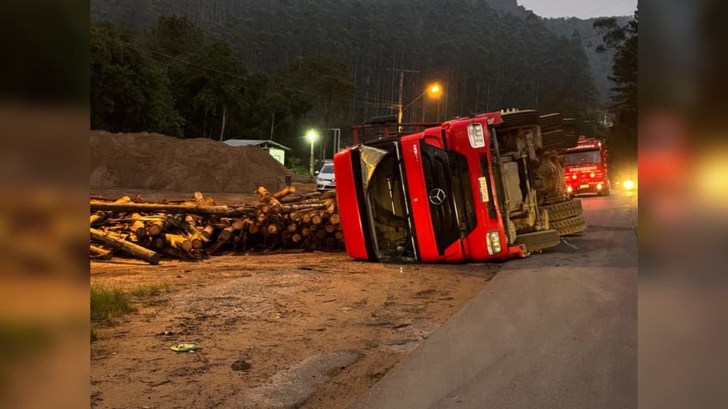 Caminhão carregado de toras de madeira tomba na BR-470