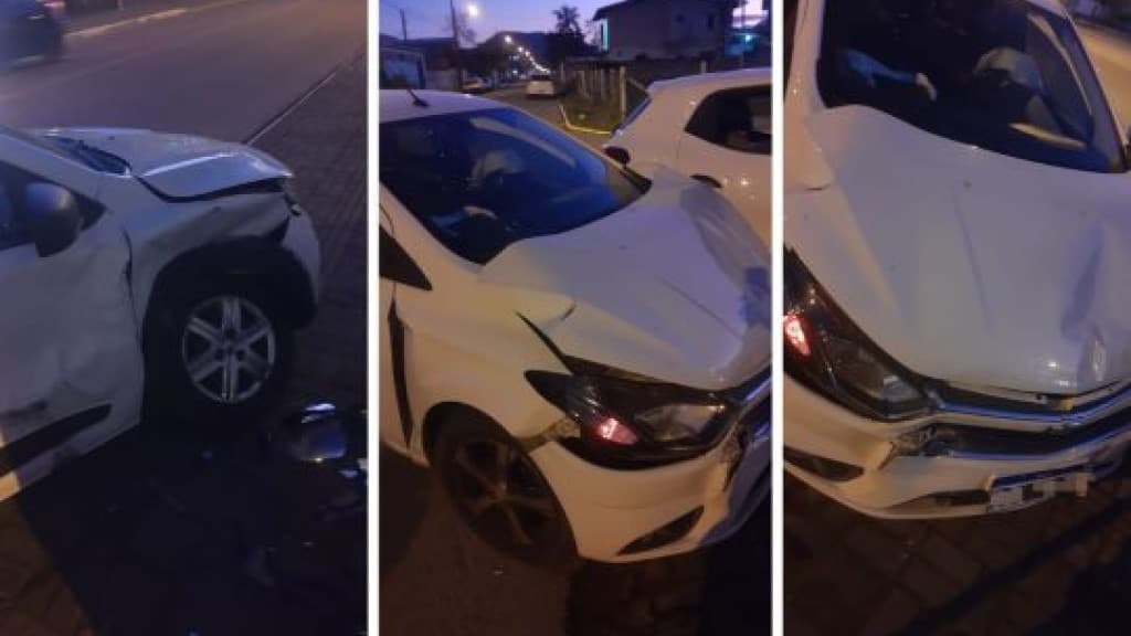 Acidente entre dois carros em cruzamento de Itapema danifica muro de casa
