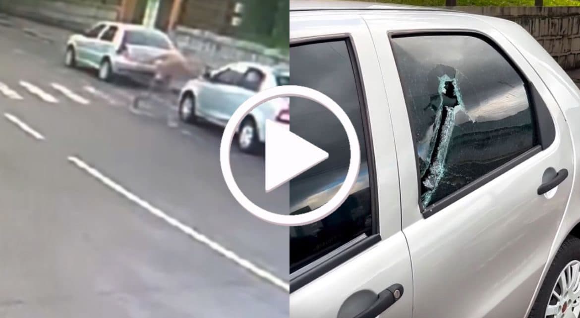 VÍDEO: Homem surta ao lado de escola, pega facão e destrói carros estacionados em SC