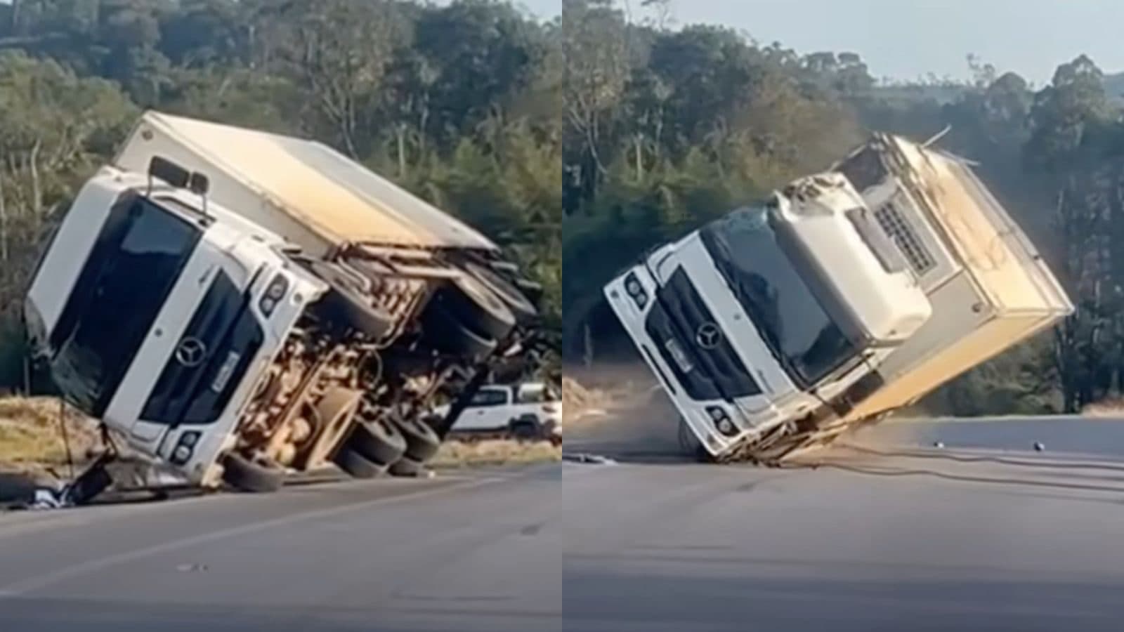 Caminhão tomba na BR-470, é desvirado e acaba tombando de novo, pro outro lado