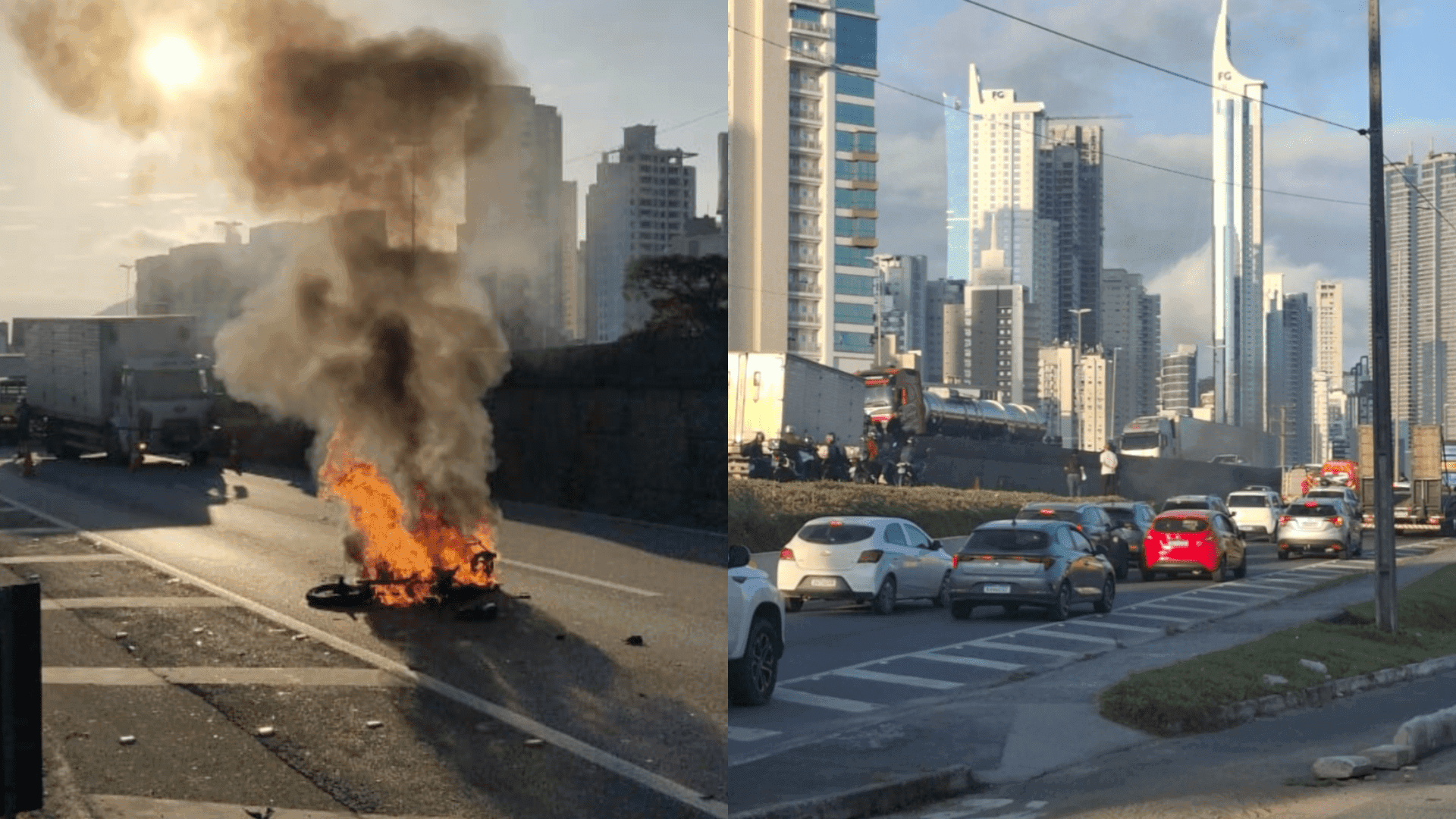 Moto fica destruída em incêndio e acidente paralisa a BR-101 em Balneário Camboriú