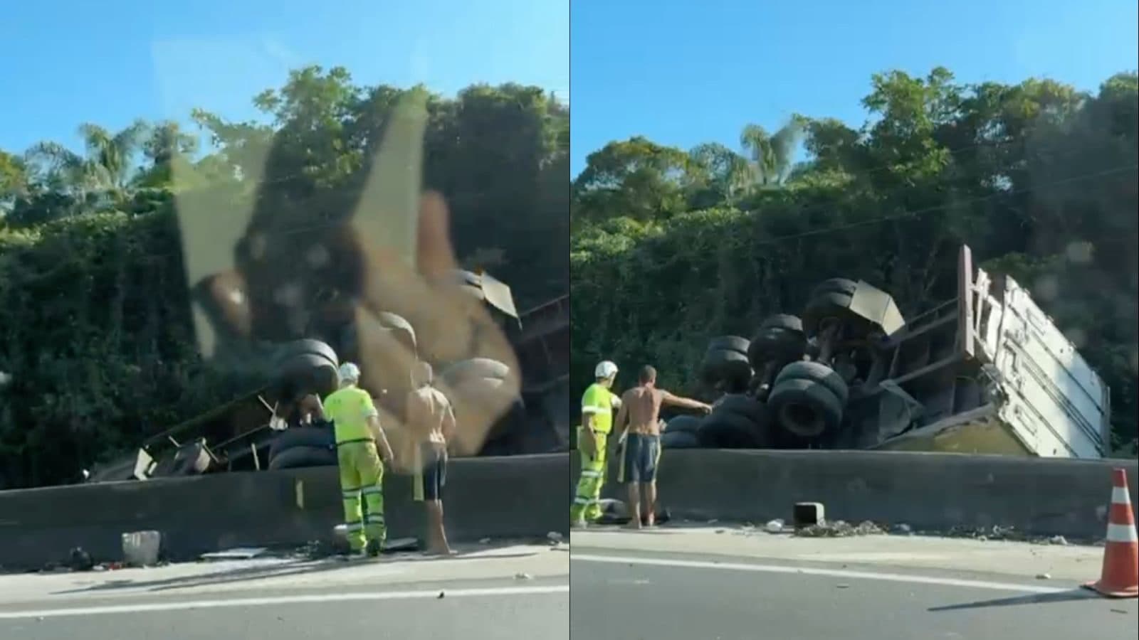 Caminhão tomba em ponto crítico da BR-101 e complica trânsito em Biguaçu