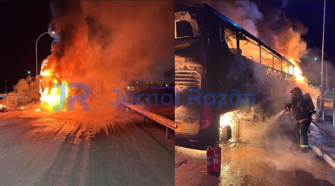 Ônibus com 45 passageiros pega fogo na BR-101 em Garuva