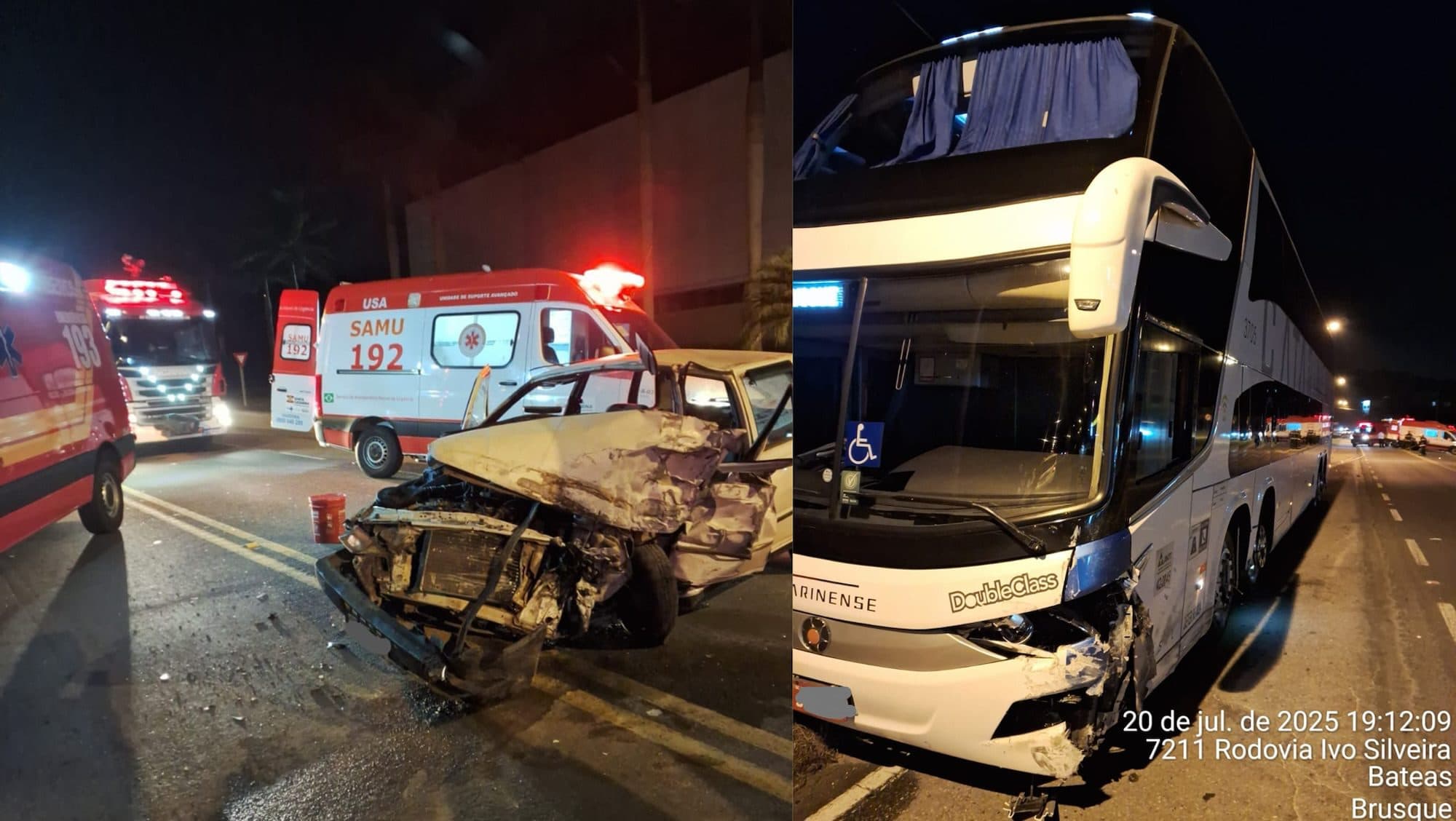 Mulher fica presa às ferragens após colisão entre carro e ônibus em Brusque