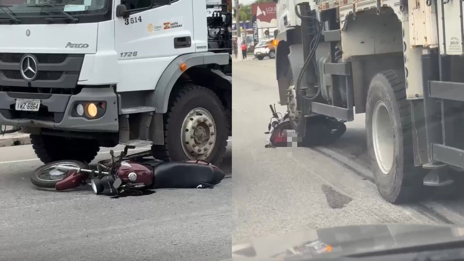 Agora em Tijucas: motociclista escapa praticamente ileso de acidente com caminhão
