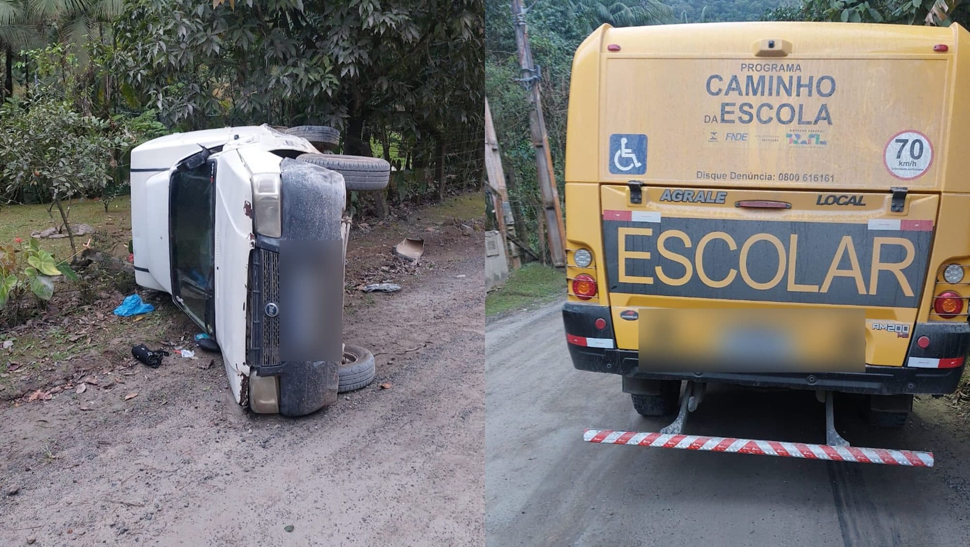 Ônibus escolar com 8 crianças bate em carro e tomba Fiorino em Blumenau