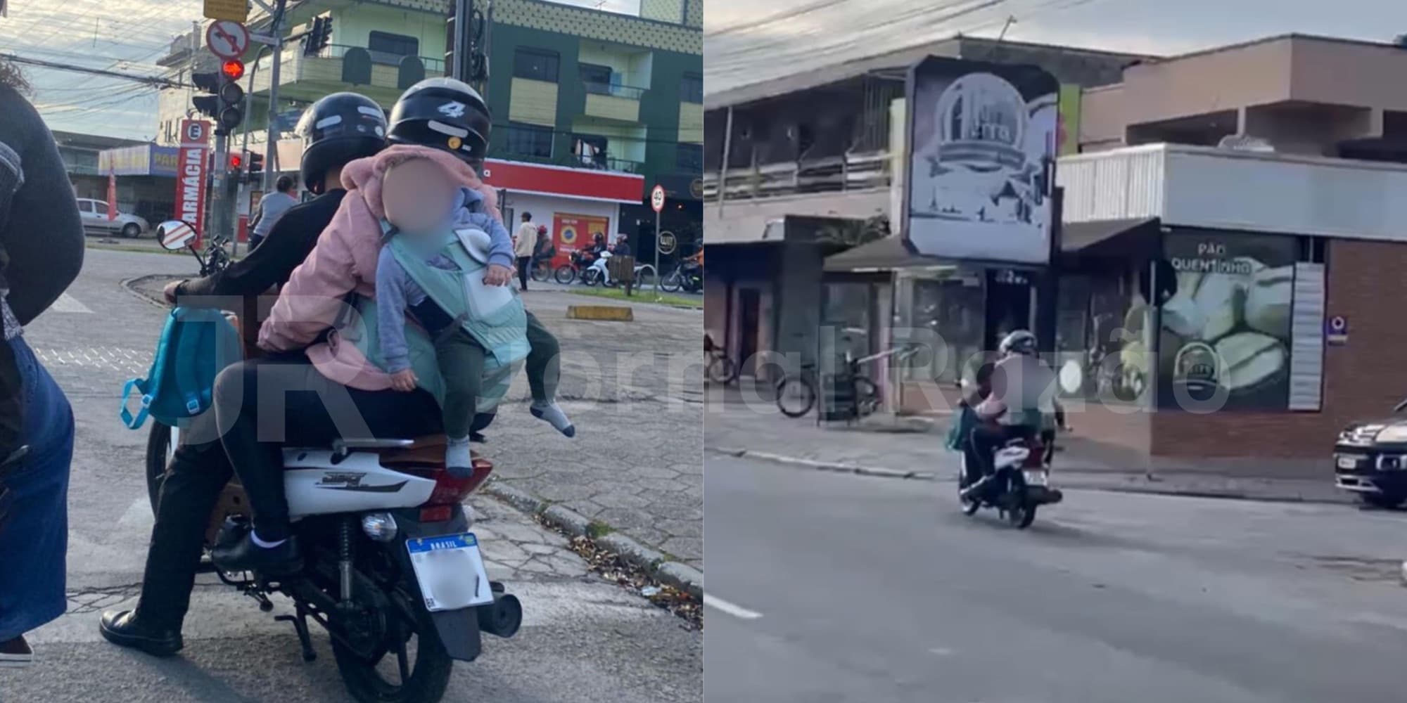 Pais são multados após bebê ser levada de moto no “canguru” em Itajaí