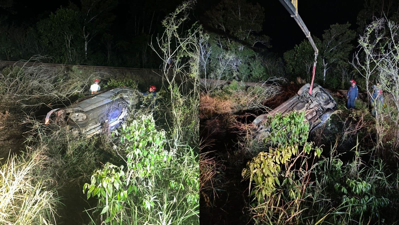 Carro capota e cai em vala; passageiro luta pela vida e motorista morre esmagado