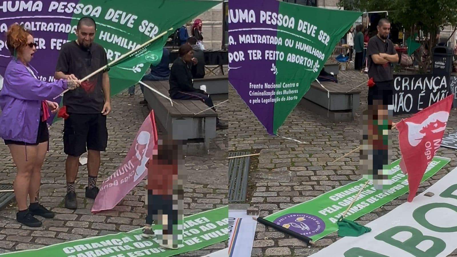 Feministas levam criança para protestar a favor do aborto em Florianópolis