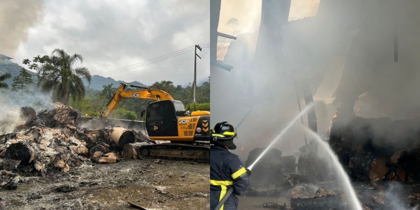 Incêndio já dura mais de 40 horas em fábrica e destrói 700 toneladas de papelão em SC