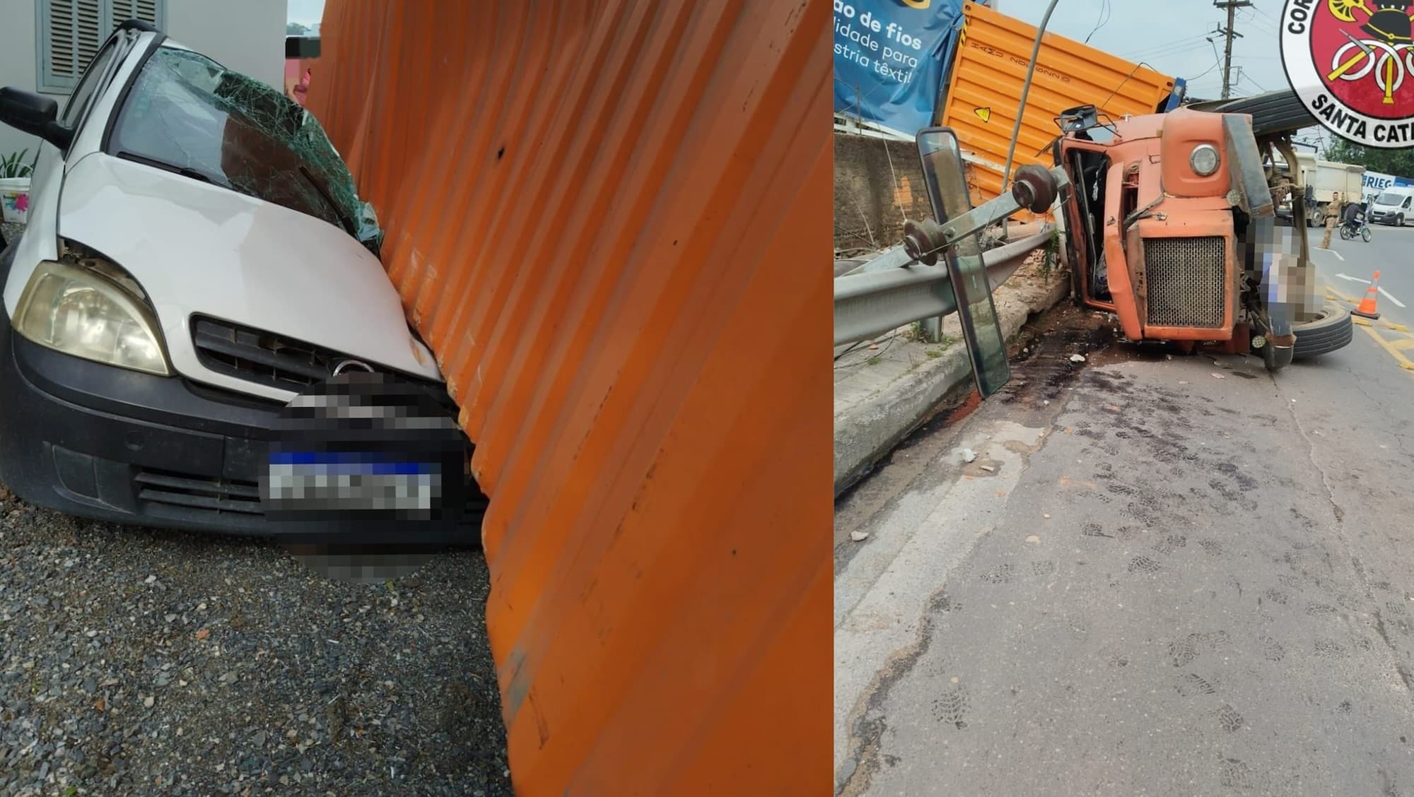 Carreta despenca em curva, esmaga carro estacionado e derruba poste em SC