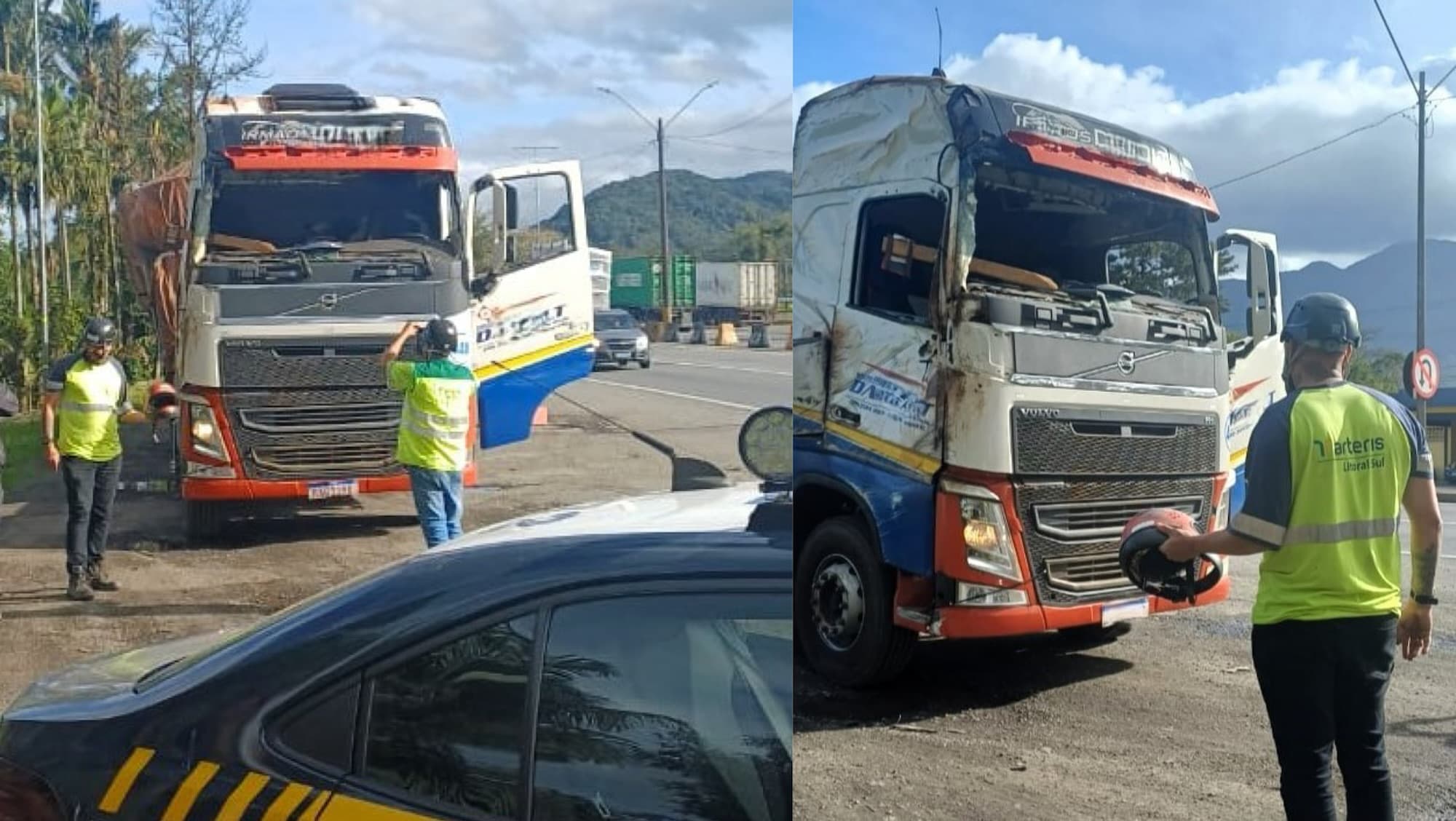 Caminhoneiro é flagrado dirigindo carreta sem para-brisa e usando capacete na BR-101 em Joinville