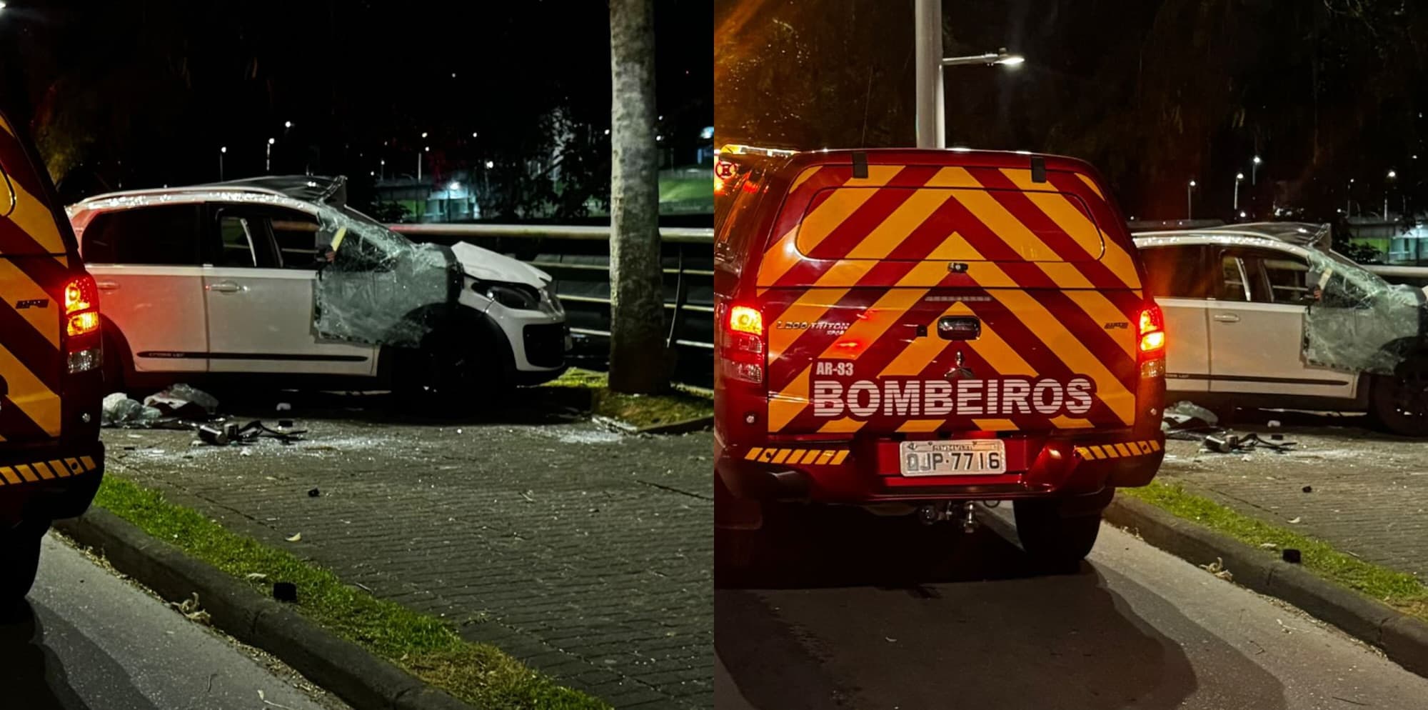 Motorista perde controle, sobe em calçada e destrói guarda-corpo em Blumenau