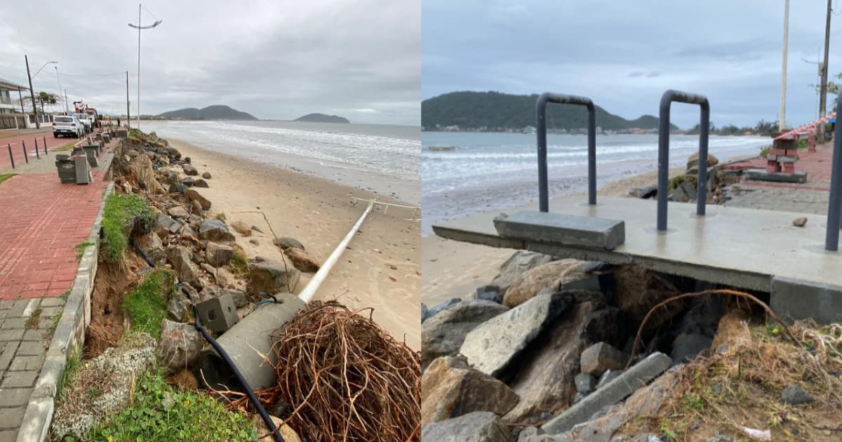 Ressaca do mar destrói parte do calçadão recém-inaugurado em praia turística de SC