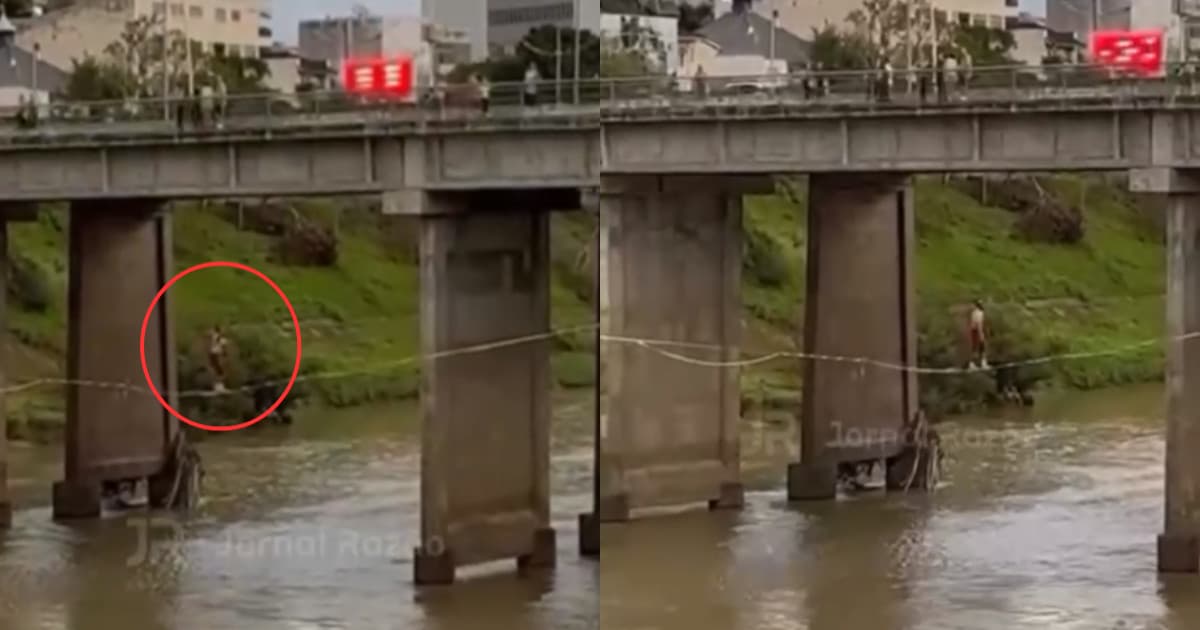 Homem cruza rio de forma inusitada para chegar na Oktoberfest Blumenau: “vem pela ponte que é mais rápido!”