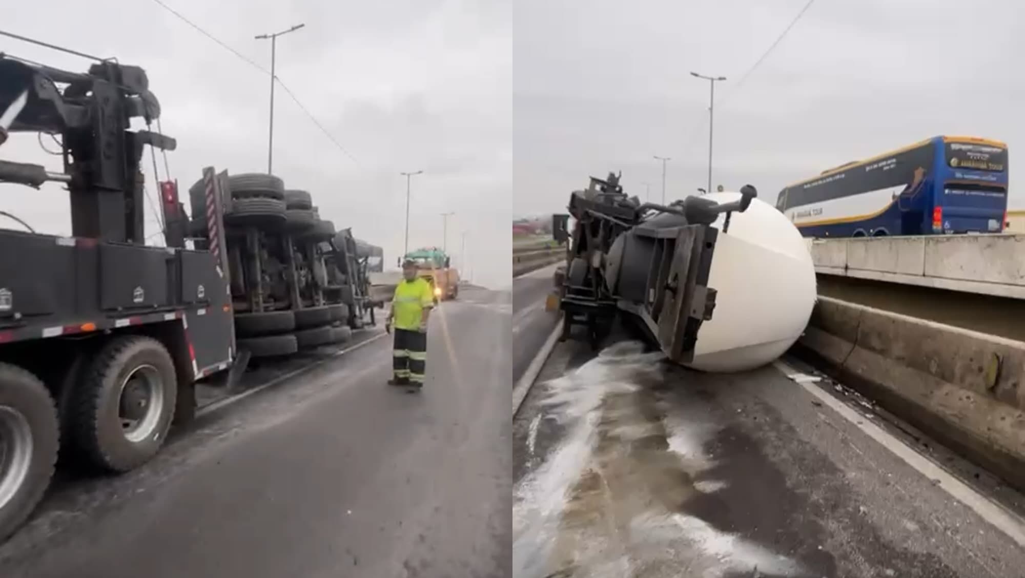BR-101 em Itajaí é totalmente interditada após tombamento de caminhão