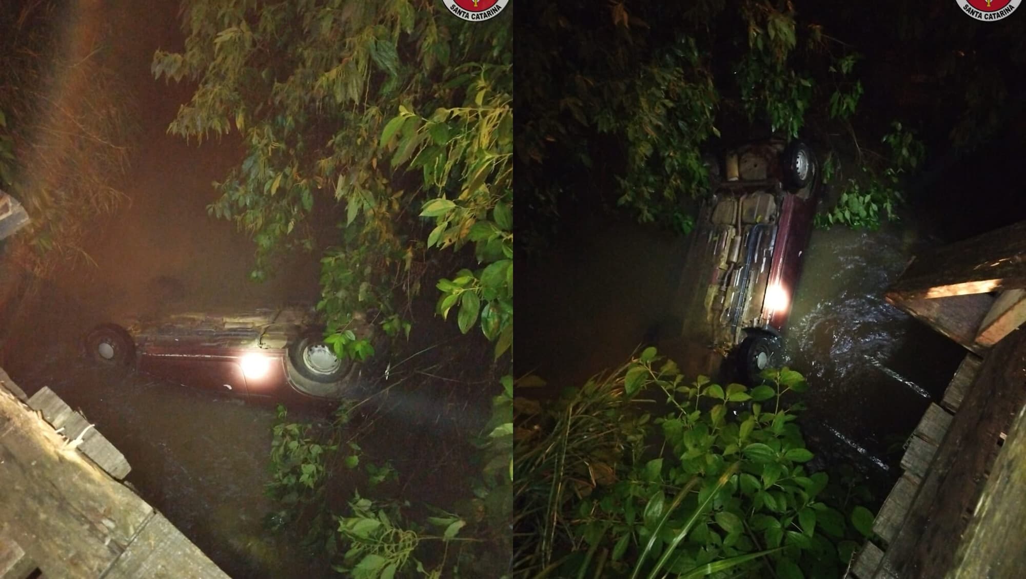 Carro despenca de ponte e fica submerso em rio; duas pessoas escapam por milagre