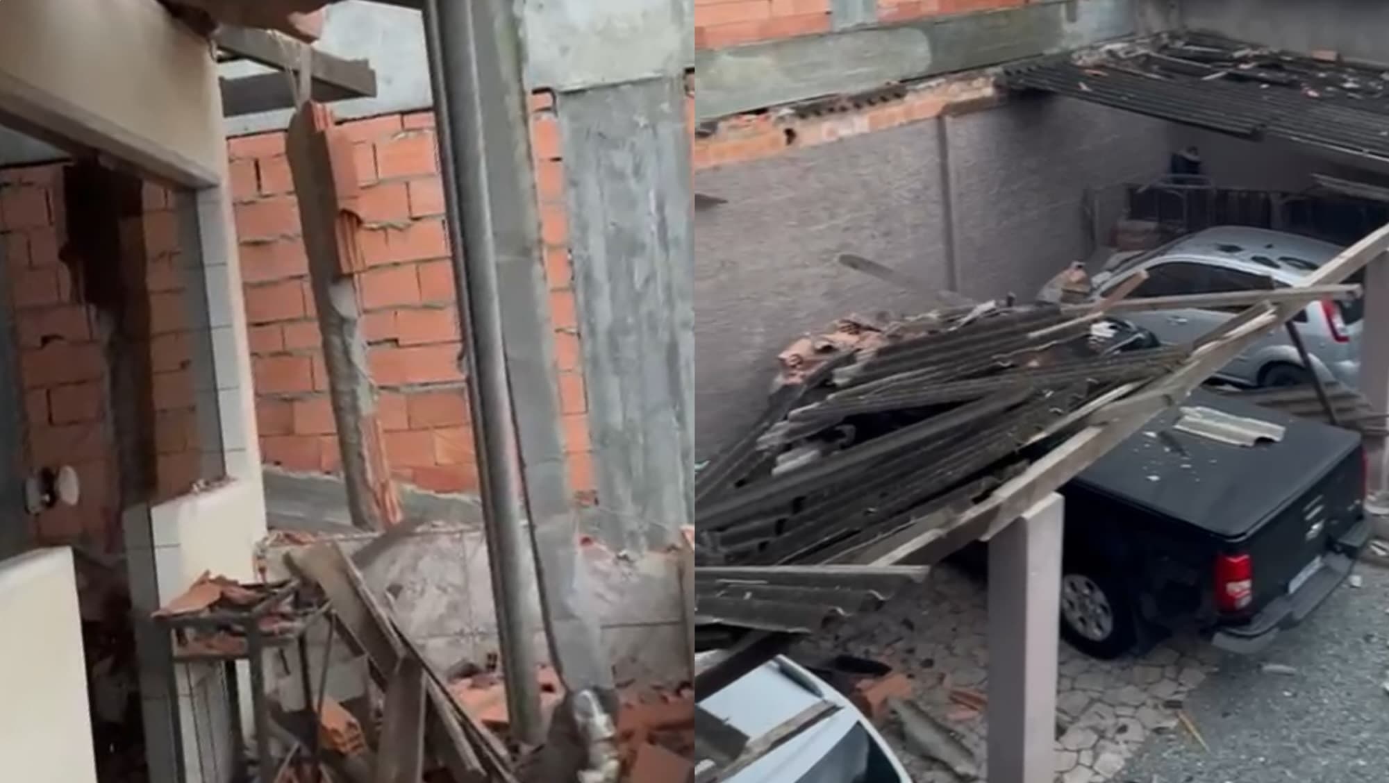 Vento forte derruba estrutura de prédio sobre residência e veículos em Penha