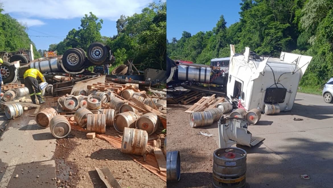 Caminhão carregado com barris de cerveja se envolve em grave acidente na BR-163