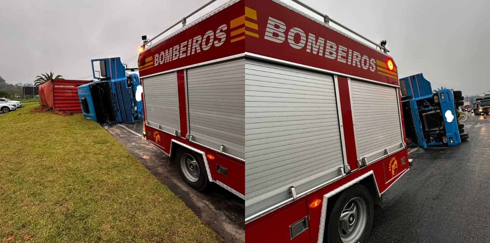 Casal e bebê são socorridos após caminhão tombar em Brusque