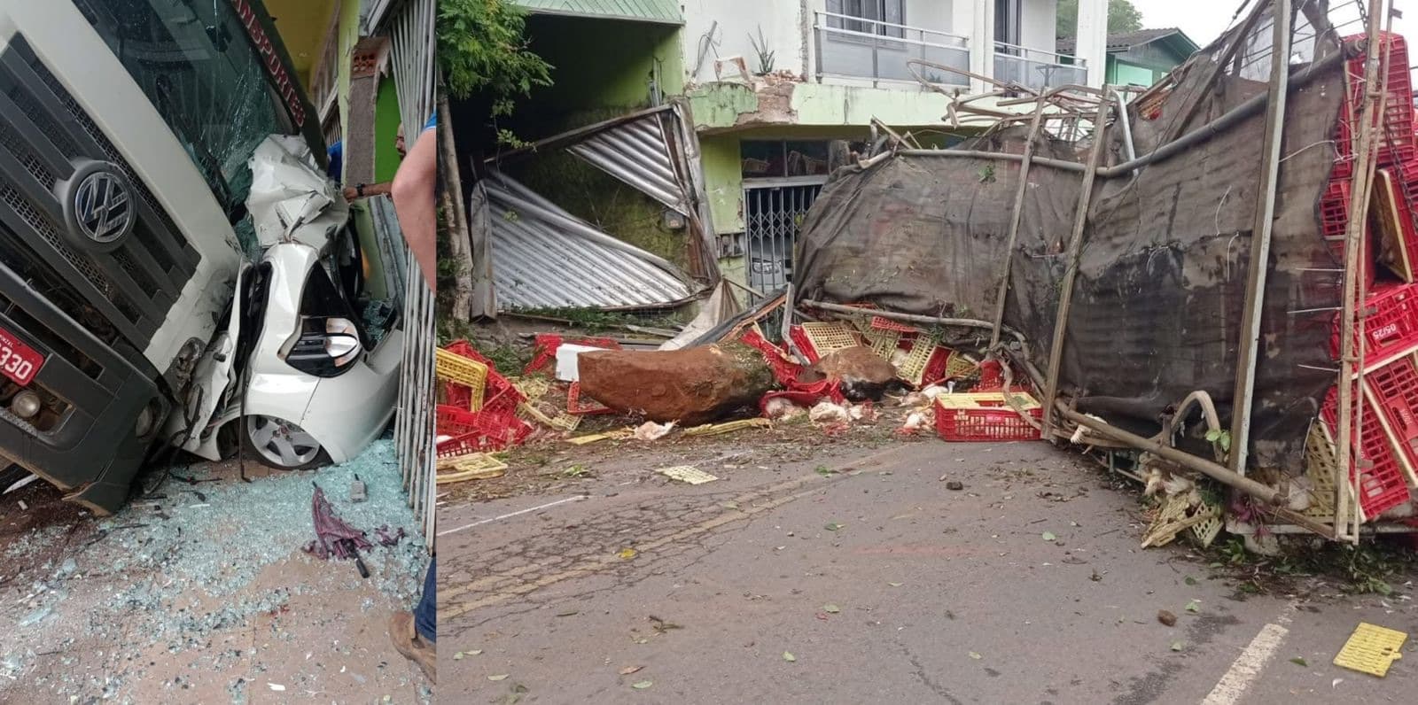 Caminhão sem freio desce ladeira, esmaga carro e deixa casal preso nas ferragens