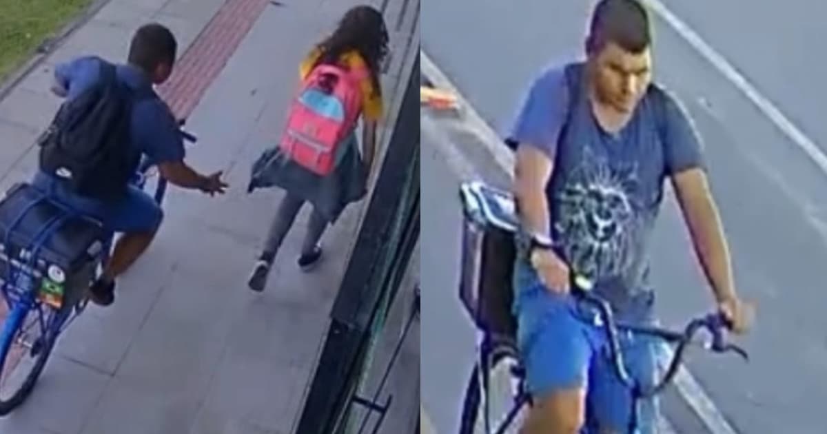 Câmera flagra homem de bicicleta passando a mão em criança a caminho da escola em SC