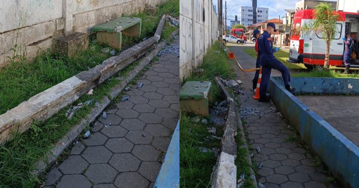 Poste de energia desaba e acerta homem que descansava em praça de Itajaí