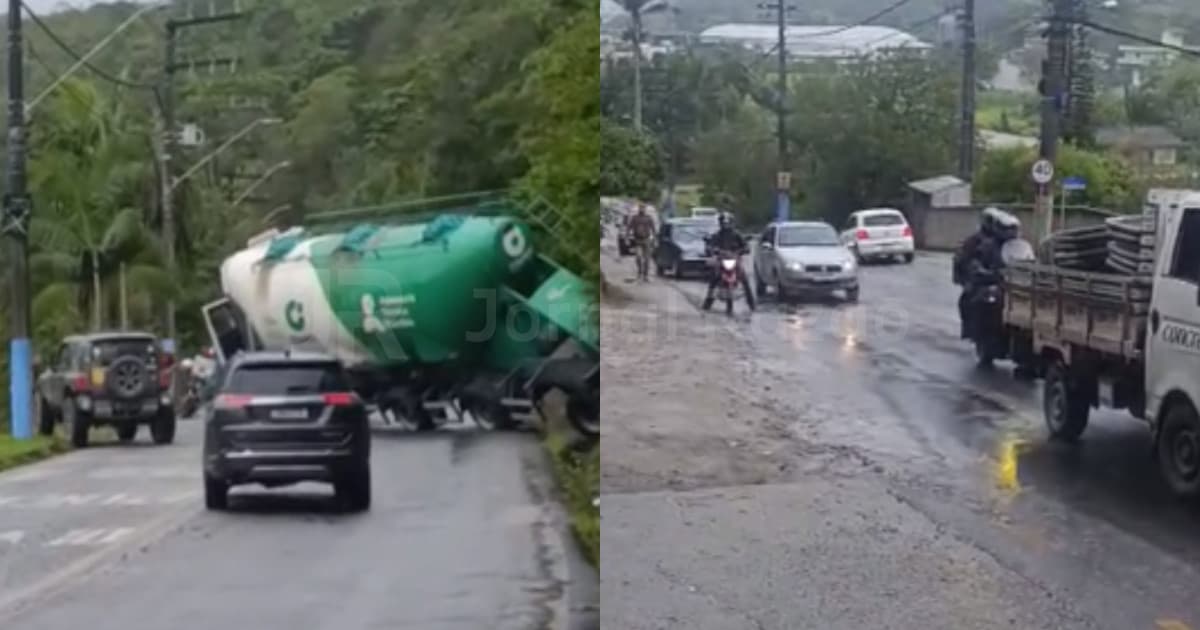 AGORA: Caminhão fica atravessado e prestes a tombar na subida do Morro de Bombas, em Porto Belo