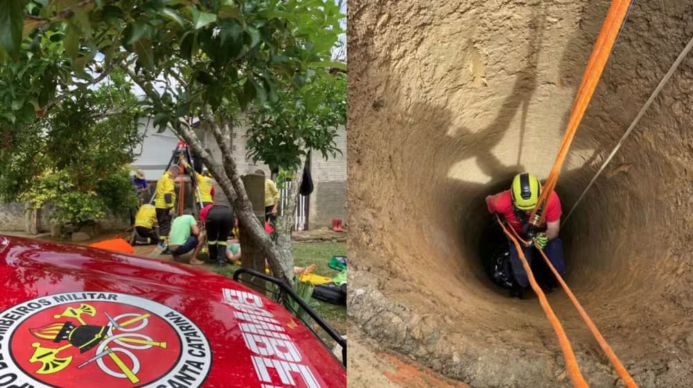 Mulher cai em poço e homem fica preso ao tentar ajudar; resgate mobiliza bombeiros