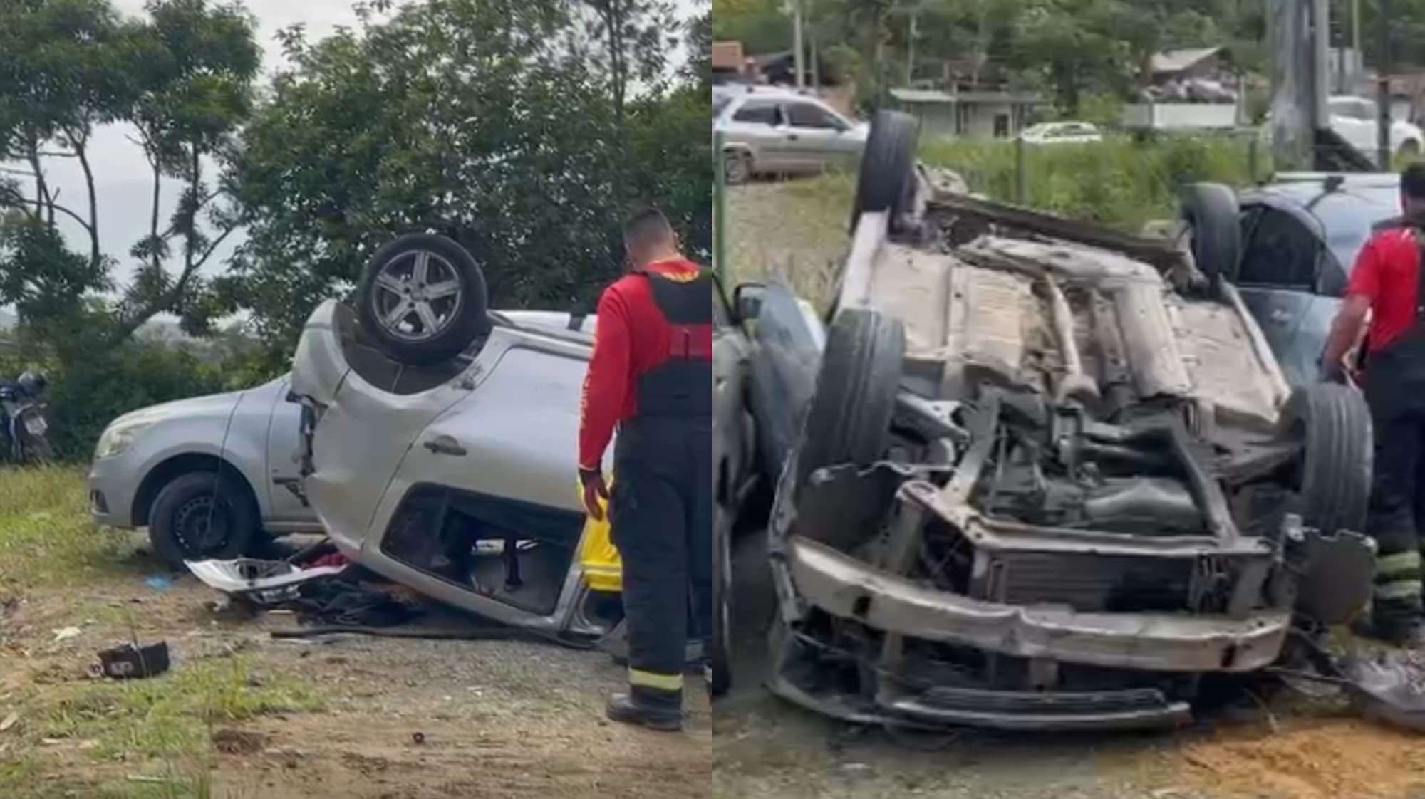 Carro capota e invade pátio de empresa em Penha, deixando três feridos