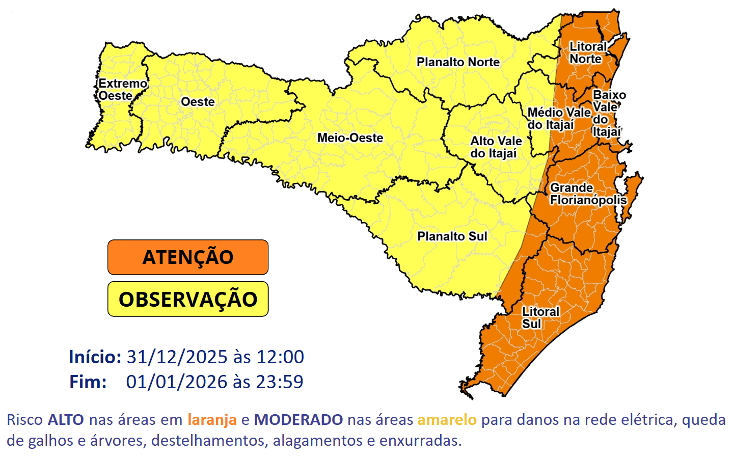 Temporais com chuva intensa e ventos fortes atingem Santa Catarina na virada do ano