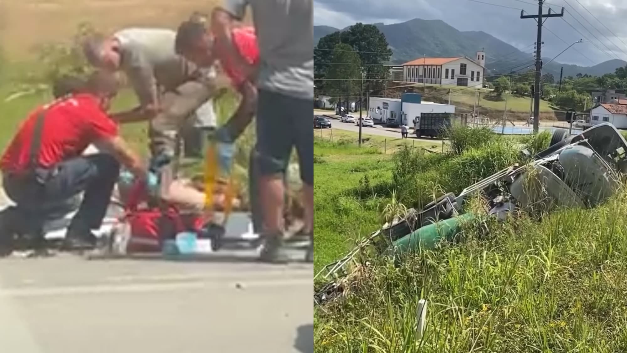 Caminhão betoneira sai da pista e tomba na SC-410, em Tijucas