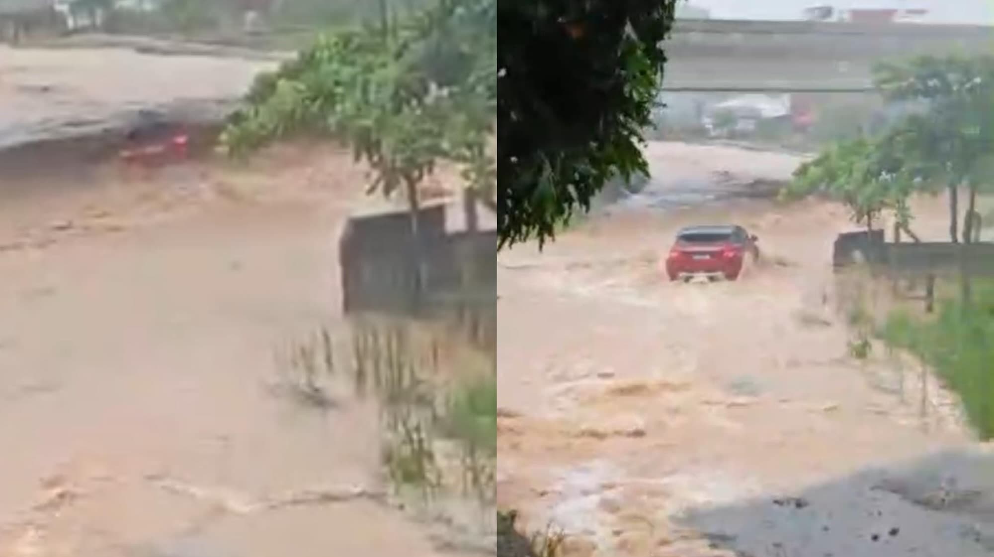 URGENTE: Carro é arrastado pela enxurrada e Bombeiros tentam localizar possíveis vítimas