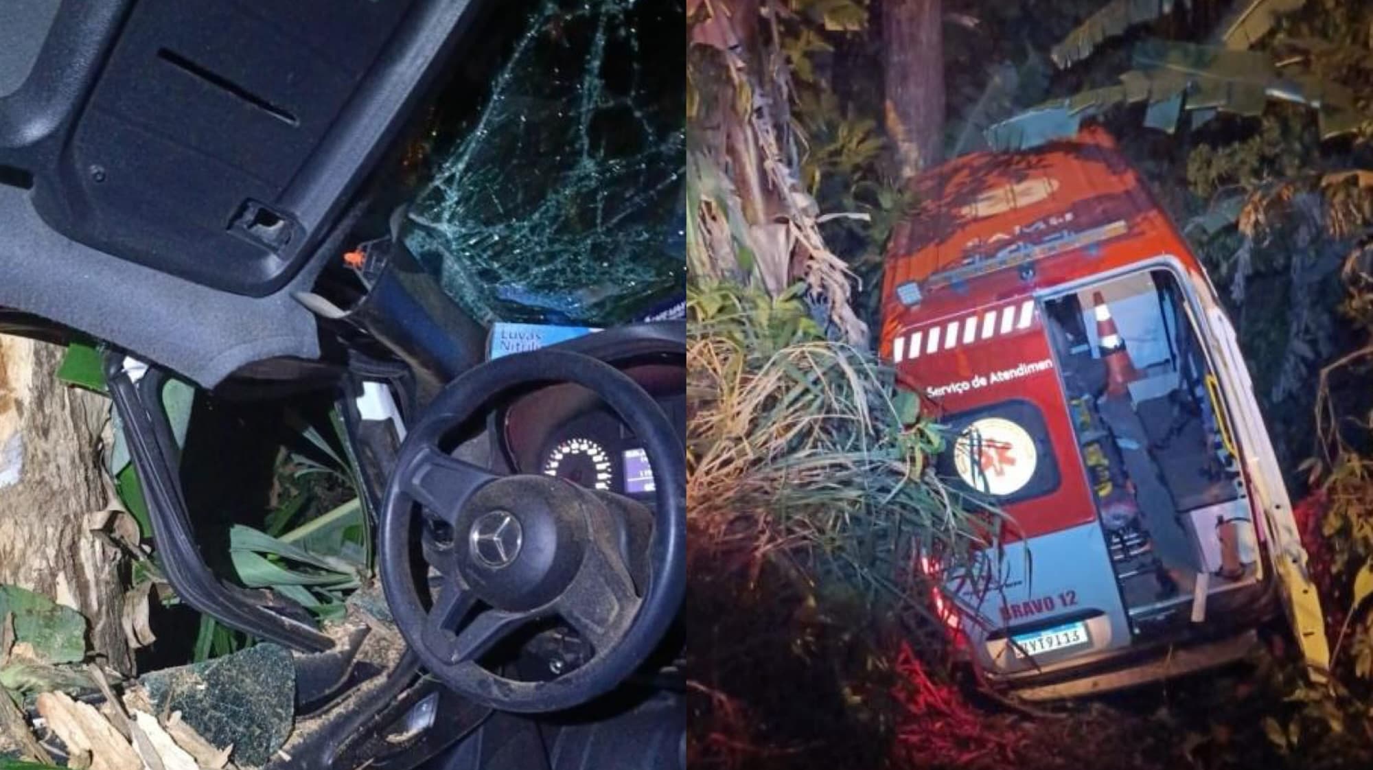 Homem rouba ambulância do SAMU, foge pela rodovia e bate em árvore