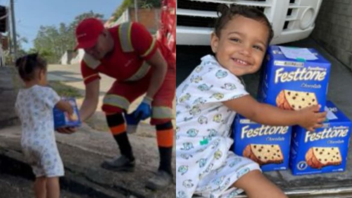 Espírito de Natal: menina de 1 ano presenteia coletores de lixo em SC