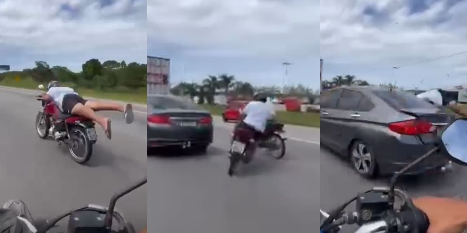 “Todo quebrado”: vídeo mostra que motociclista fazia manobras na BR-101 antes de colisão