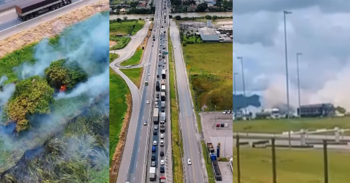 BR-101 neste momento: incêndio em vegetação, congestionamentos e paciência na Grande Florianópolis