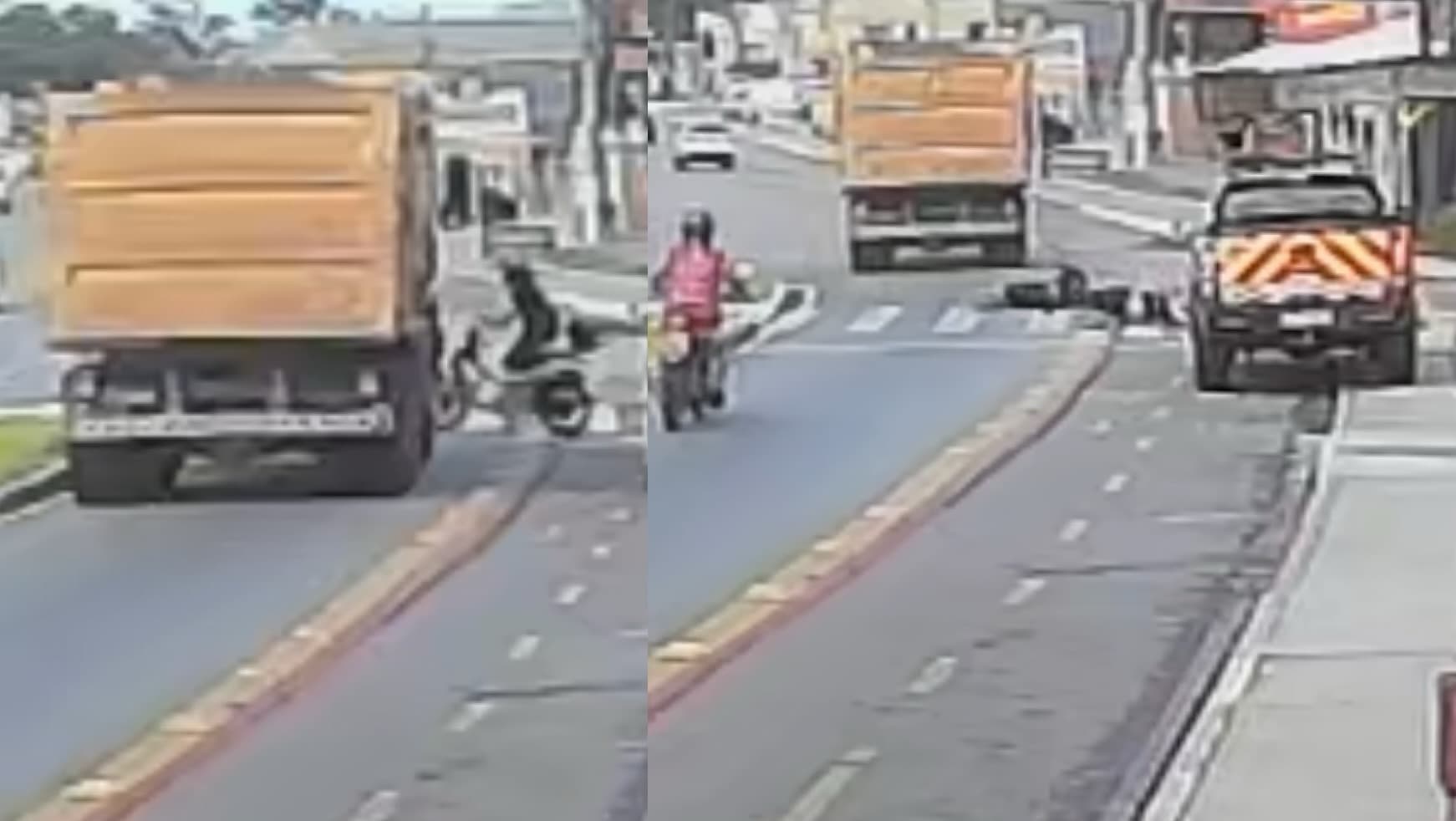 Caminhão passa por cima de motociclista em faixa de pedestres