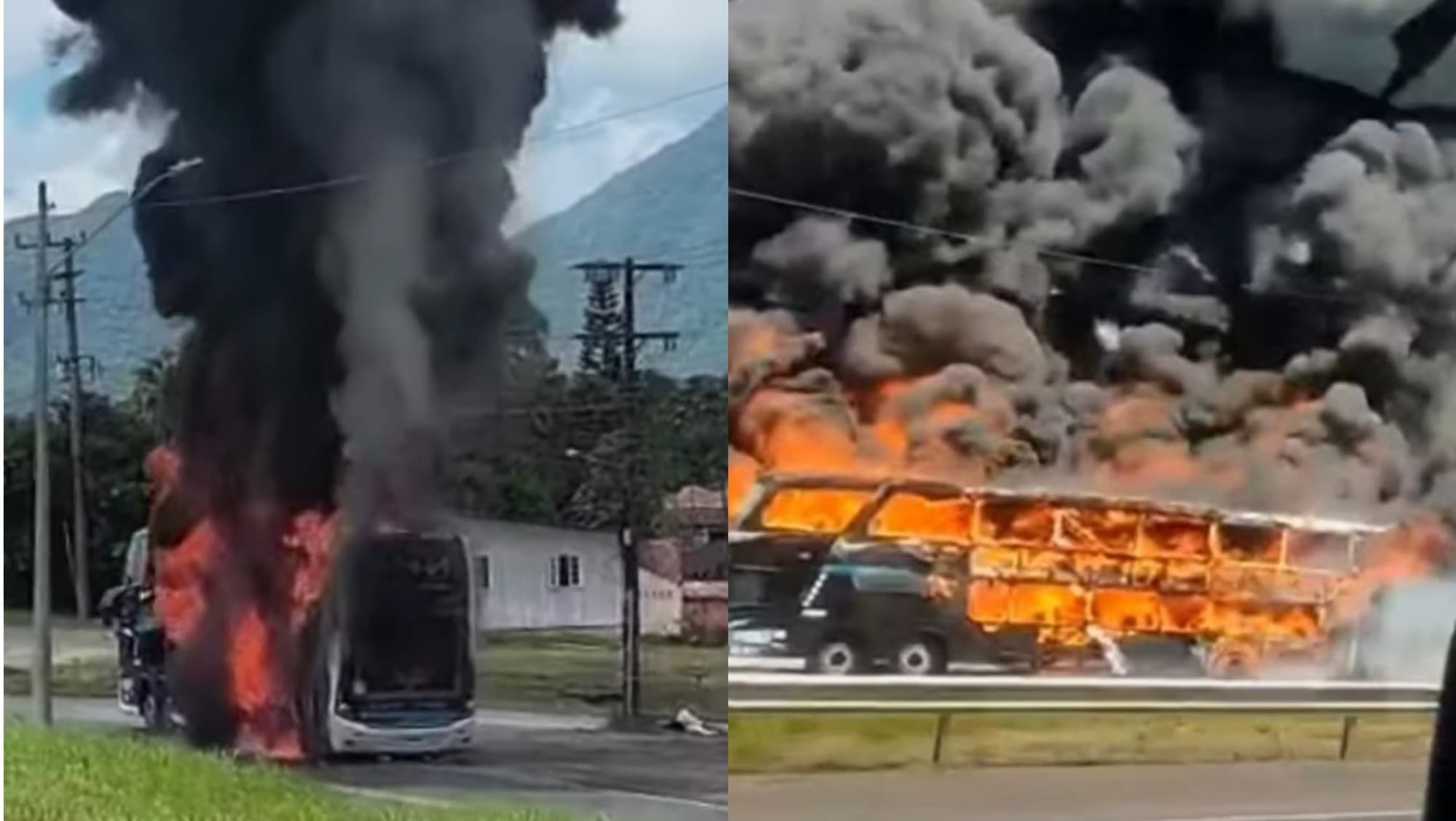 Ônibus pega fogo na marginal da BR-101 em Joinville