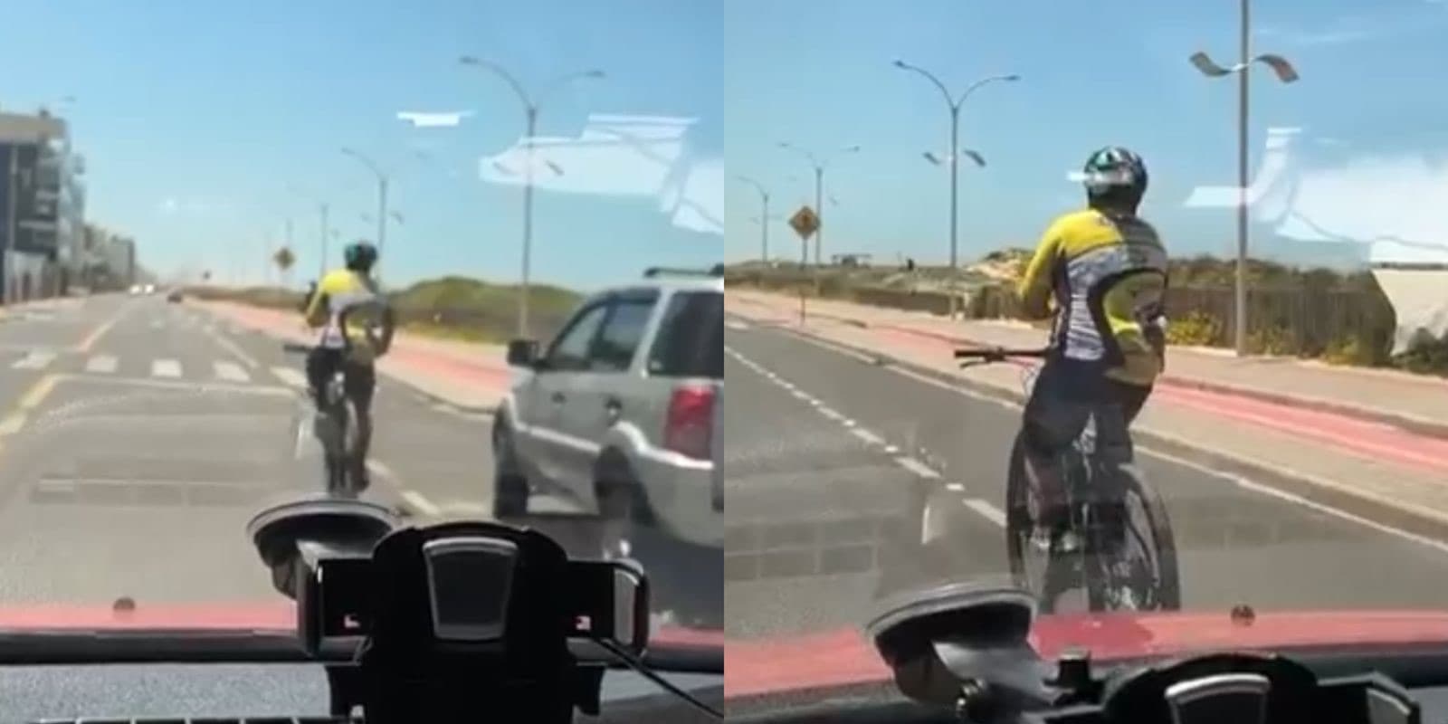 “Quem tem razão?”: motorista usa celular enquanto dirige para flagrar ciclista fora da ciclofaixa em SC