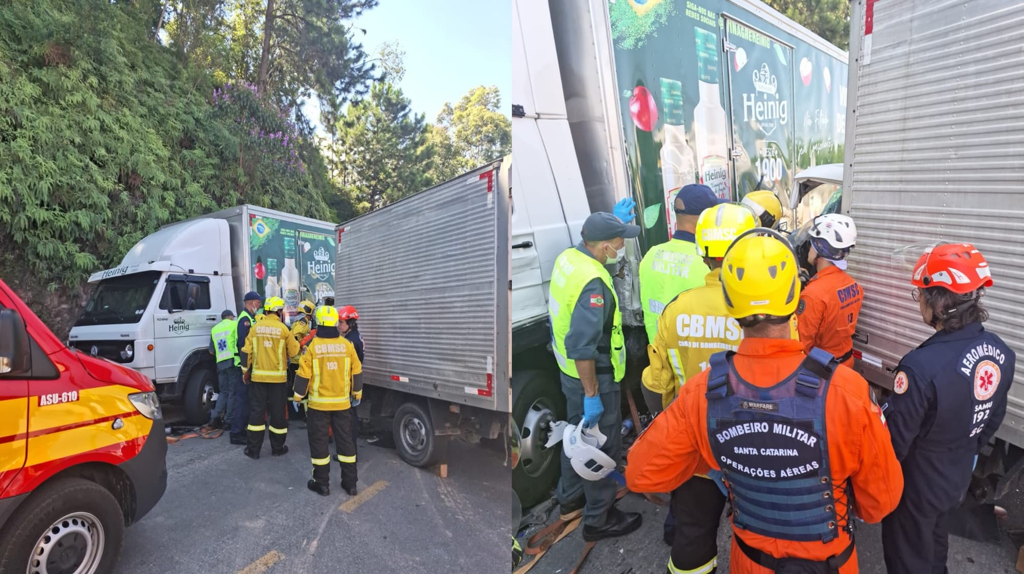 Colisão entre dois caminhões deixa motorista preso às ferragens em Brusque