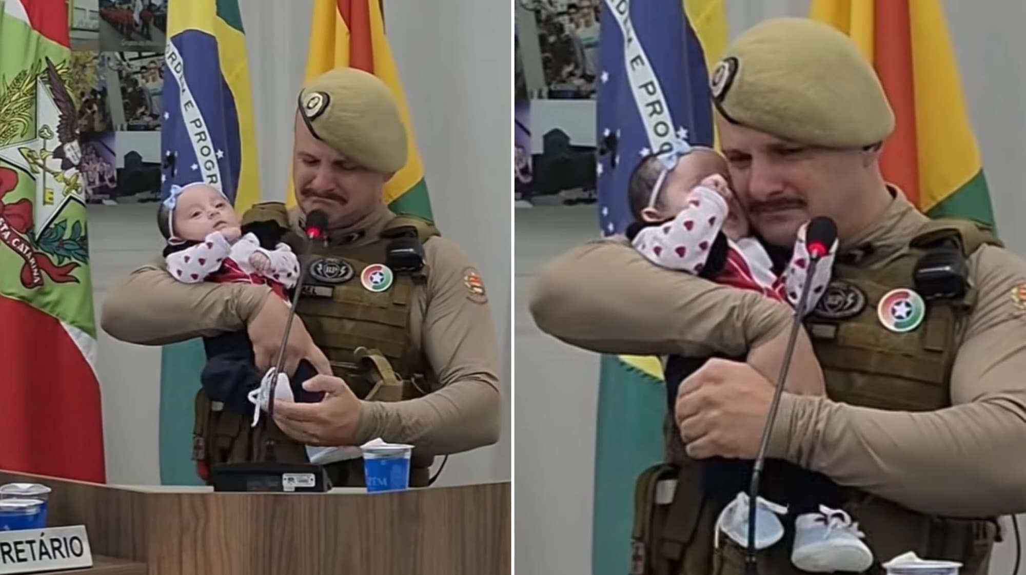 “Sou pai”: cabo da PMSC se emociona ao segurar no colo a bebê de 45 dias que salvou