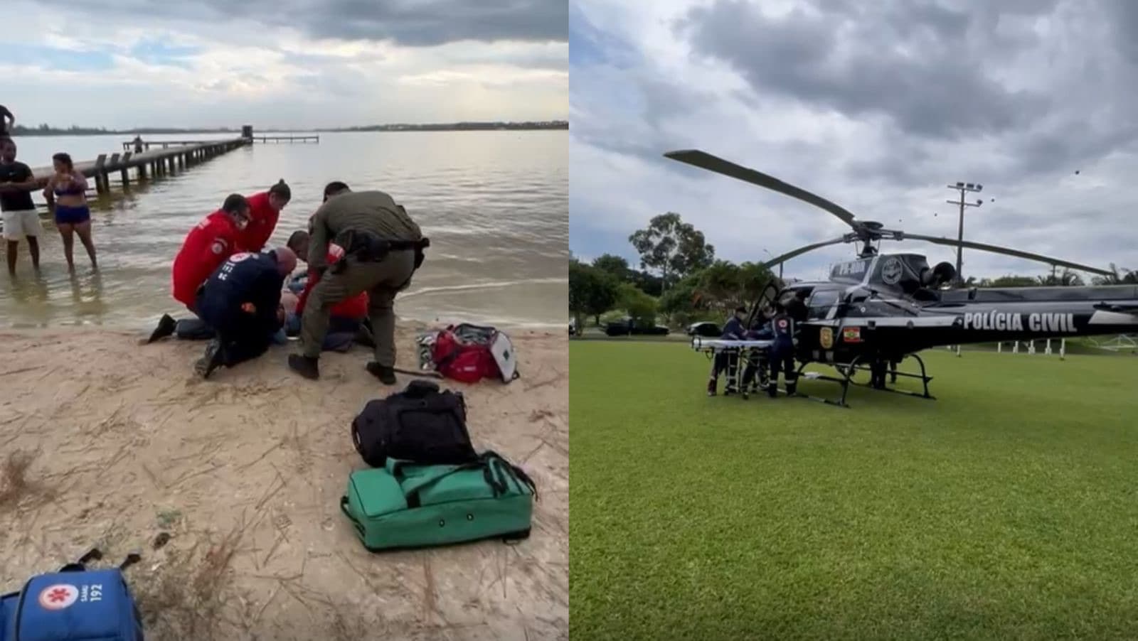 Homem pula de cabeça de trapiche e acerta banco de areia em lagoa