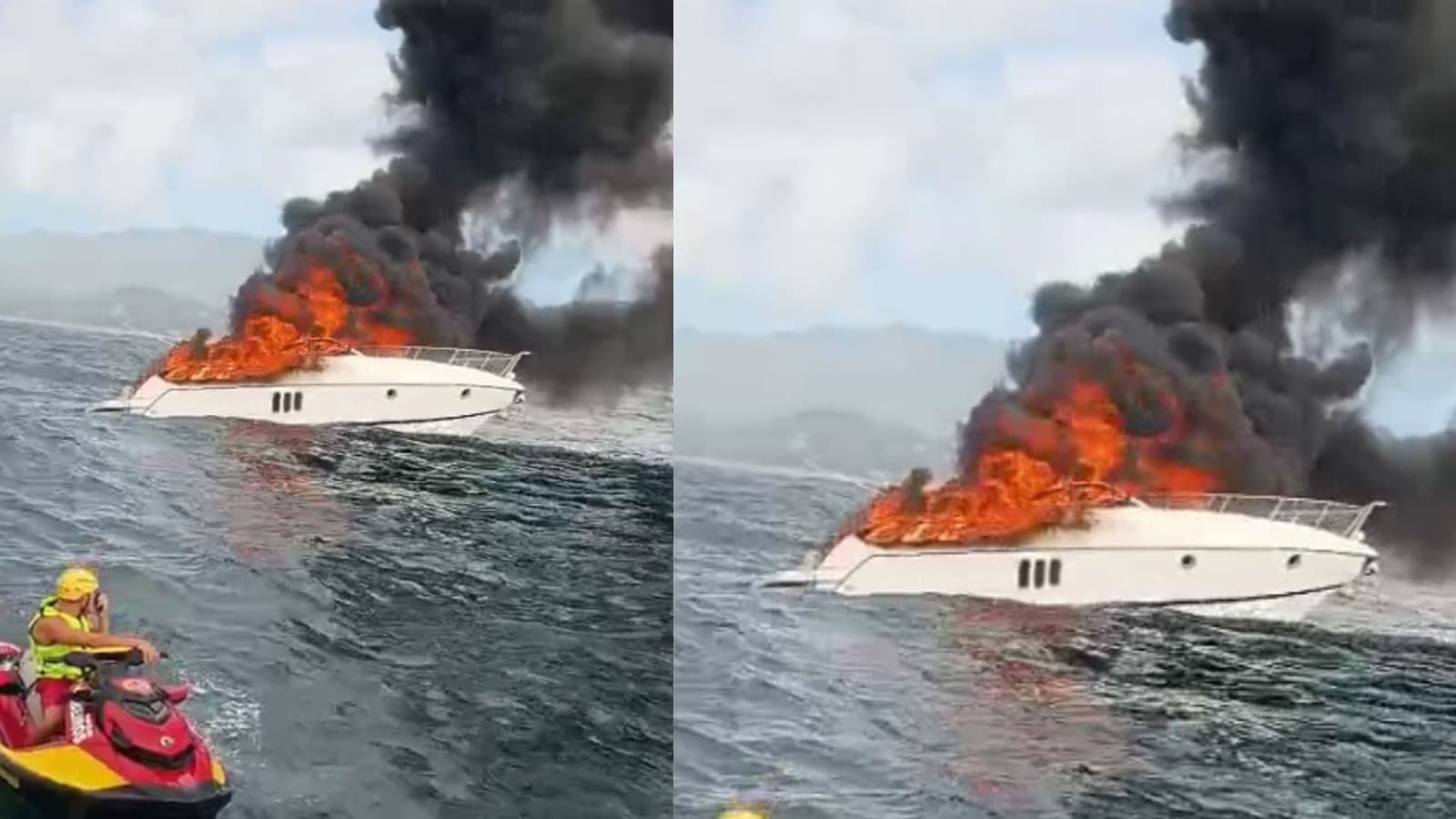 “Pânico na praia Mole”: barco pega fogo com duas pessoas a bordo e naufraga em Florianópolis; VÍDEO
