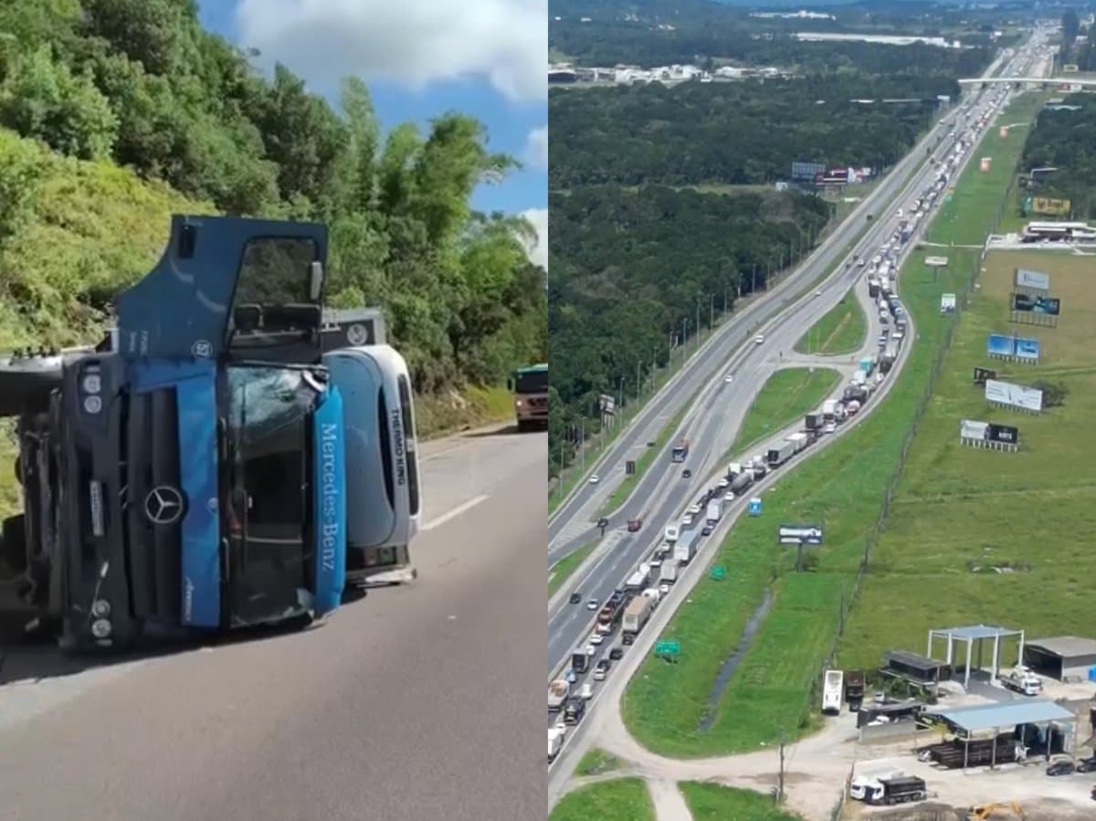 Inacreditável: BR-101 chega a 30 km de filas entre Biguaçu e Itapema após caminhão tombar