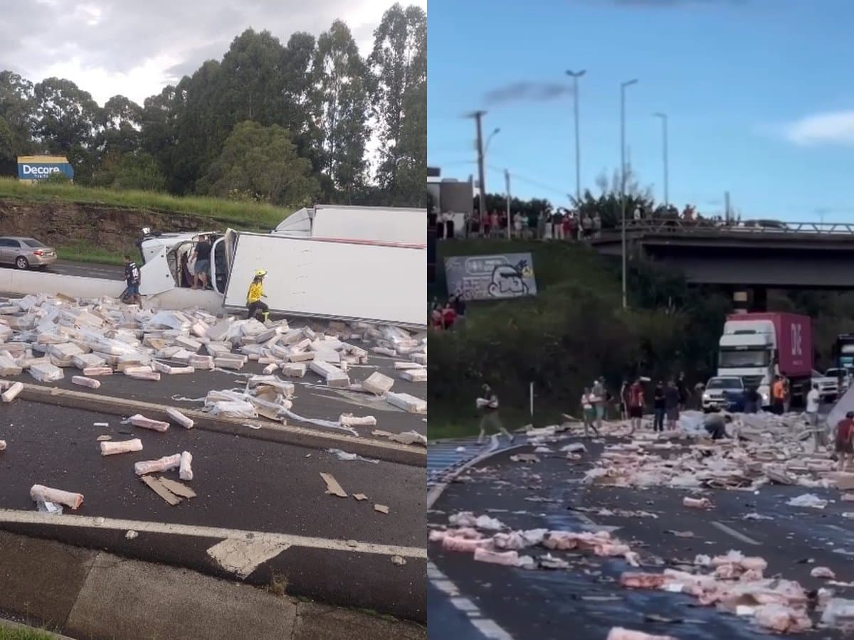 Carreta com carne congelada tomba em rodovia de SC e parte da carga é saqueada por populares