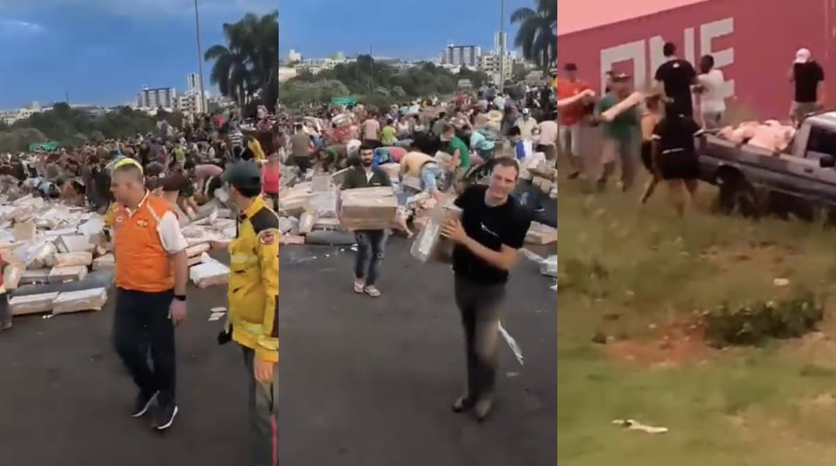 “Dia de sorte”? Carreta tomba e população avança em toneladas de carne em SC