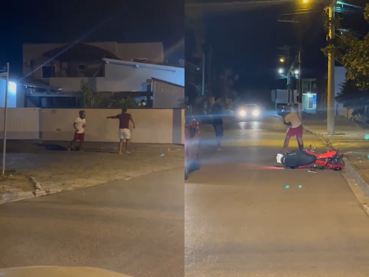 Soco pra cá, chute pra lá: motociclista e motorista transformam acidente em ringue em Tijucas