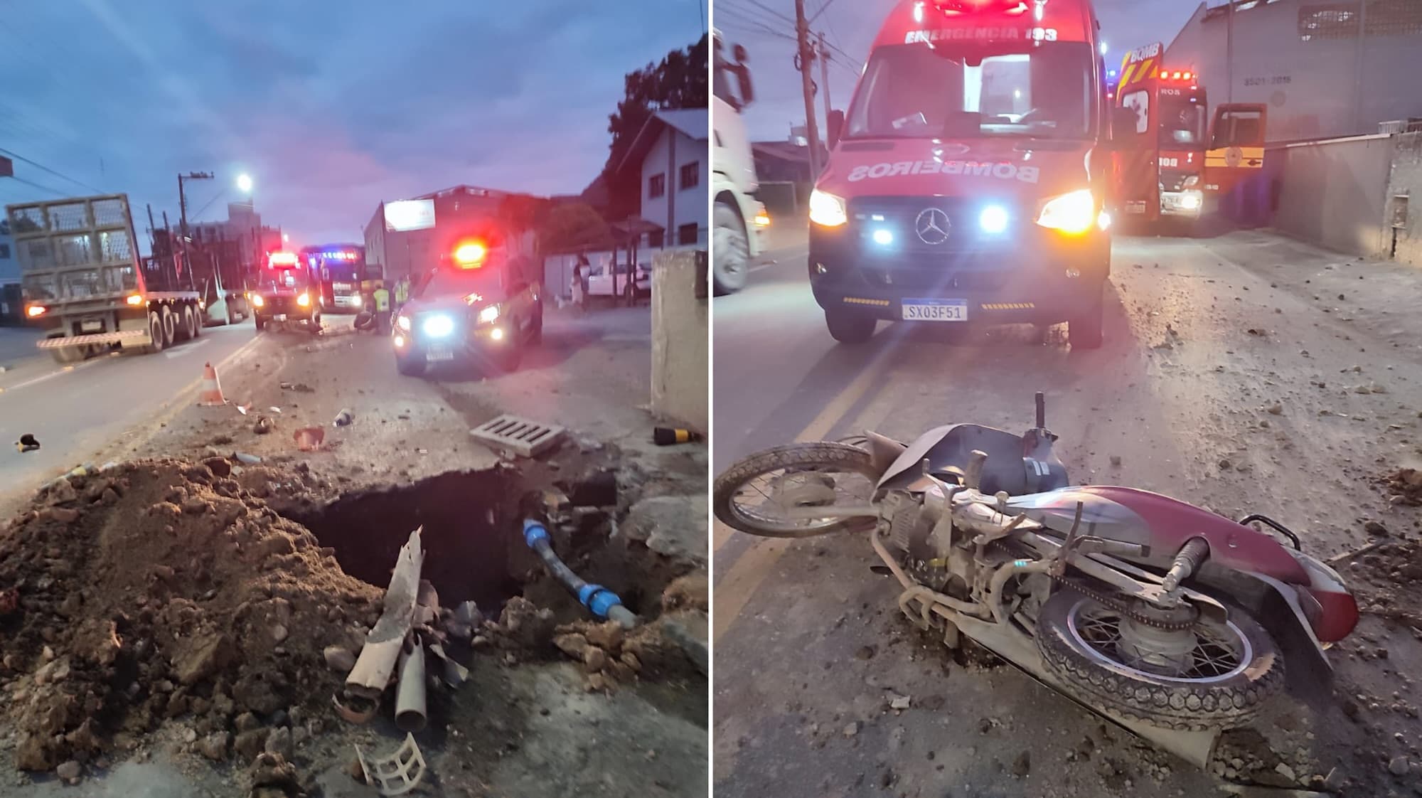 Motociclista fica inconsciente após cair em monte de barro no meio da pista no Alto Vale do Itajaí