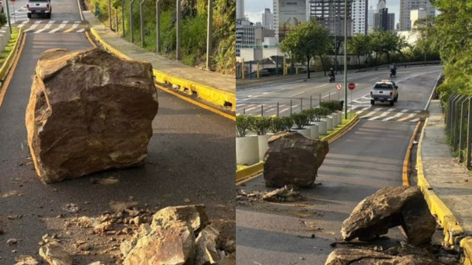 Pedra gigante desliza e bloqueia acesso ao Cristo Luz em Balneário Camboriú
